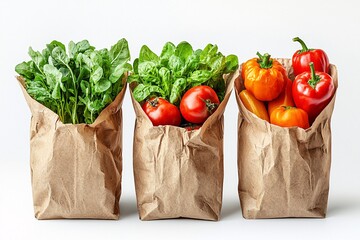 Vibrant assortment of fresh vegetables in eco-friendly paper bags. Ideal for promoting healthy eating, sustainability, and organic food choices.