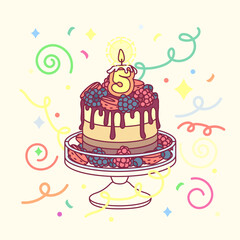 vector birthday cake with candle five (5) and cakestand. Colorful confetty decoration design. Festive cartoon 

invitation. Celebrate concept. Sweet Happy birthday party card isolated on light backgro