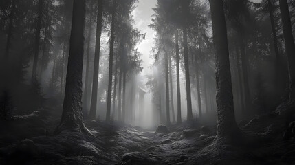 Obraz premium Mysterious forest scene, dark tall trees with misty path, atmospheric setting ideal for storytelling or nature themes.