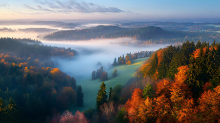 Serene autumn landscape, colorful foliage draping hills, misty valley below, perfect for nature-themed projects or relaxation.