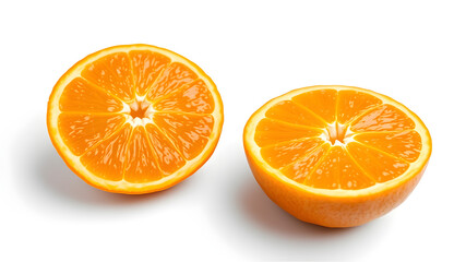 A fresh, juicy orange cut in half, showing its bright, glistening pulp and natural imperfections. Isolated on a white backdrop.