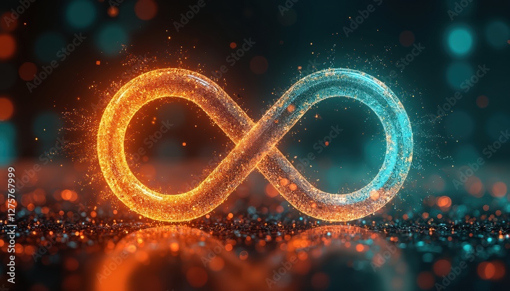 Poster Infinite loop with orange and turquoise lights, digital DevOps toolchain concept on tech abstract background. Integration, automation, delivery, monitoring, feedback for computing systems.