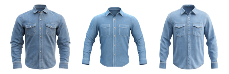 Different Styles of Blue Denim Shirts Displayed Together Isolated on transparent background