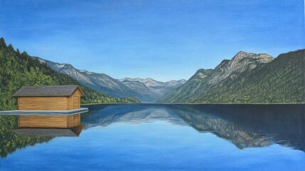 Obraz premium Lakeside cabin reflecting tranquil mountain lake
