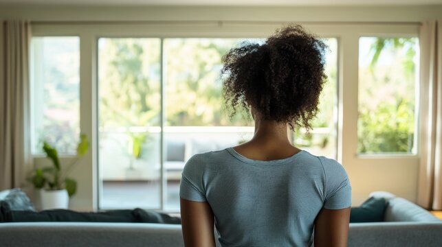 Shoulder stretch by a woman in a spacious living room. Featuring relaxation and flexibility