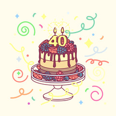 vector birthday cake with candle fourty (40) and cakestand. Colorful confetty decoration design. Festive cartoon invitation. Celebrate concept. Sweet Happy birthday party card isolated on light backgr