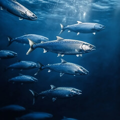 Naklejka premium A group of salmon swims together in the deep blue waters of the ocean.