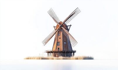 Historic wooden windmill standing on a tranquil lake surrounded by tall grass at sunrise