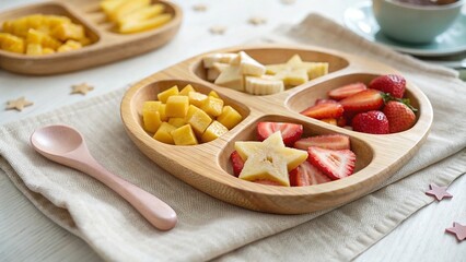 Star-shaped bananas and mango cubes for baby