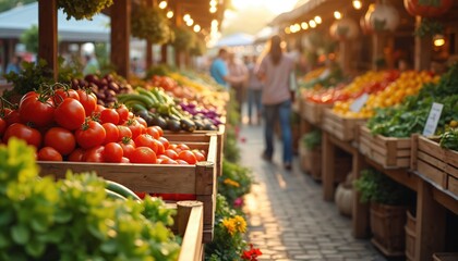 Obraz premium Fresh produce on sale at farmer market at dawn. Vibrant display of colorful vegetables, fruits. Morning local market, traditional bazaar with organic handcrafts for healthy lifestyle.