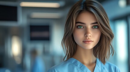 Portrait of a Young Woman with Green Eyes in a Medical Setting