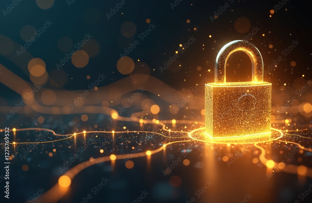 Poster Glowing streams of light surround digital padlock. Quantum encryption power symbolizes security, data protection in cyberspace. Advanced technology defense safe network, futuristic innovation.