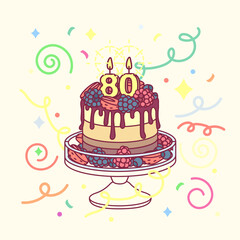 vector birthday cake with candle eighty (80) and cakestand. Colorful confetty decoration design. Festive cartoon invitation. Celebrate concept. Sweet Happy birthday party card isolated on light backgr