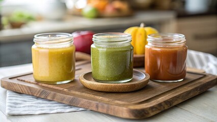 Homemade baby puree in labeled glass jars