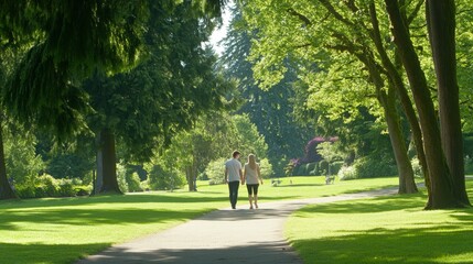 Fototapeta premium A couple walking hand-in-hand in a scenic park during a proposal, joyful expressions and natural beauty,