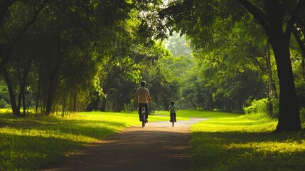 Fototapeta premium A father teaching his son how to ride a bicycle on a quiet path surrounded by trees, bonding moment and natural light,