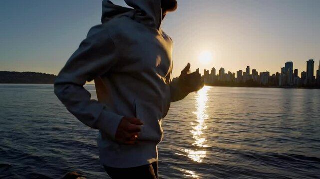 Silhouette of a person jogging by the water at sunset, captured from a side angle. The video evokes a serene, motivational vibe with urban skyline in view.