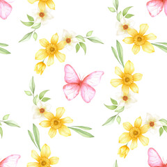 Daffodil and Butterfly Spring Pattern on Beige