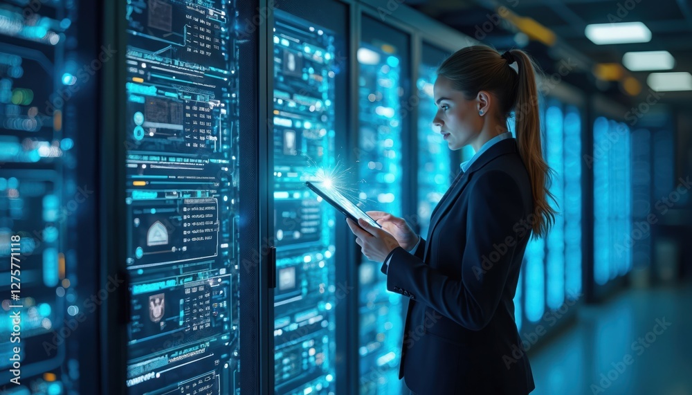 Poster Female IT specialist uses tablet in data center, turning augmented VFX visualization on server farm. System engineer works for cyber data security company.