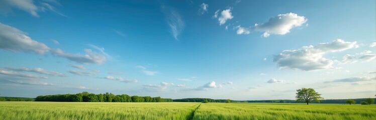 Banner of barley field in Spring with forest far away and blue sky with clouds. Panoramic composition in light green and blue colors. German countryside landscape.