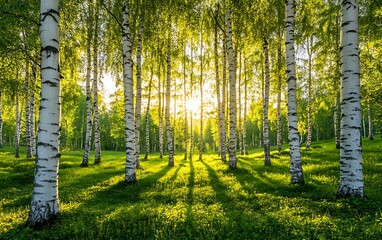 Obraz premium Sunlight through birch trees, summer forest, tranquil scene, nature photography