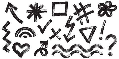 Collection of charcoal graffiti doodle punk and girly shapes. Bold marker brush drawn various doodle elements for templates and collages. Punk and grunge style.