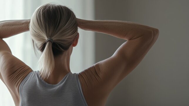 Shoulder stretch by a woman in a tranquil bedroom. Featuring relaxation and wellness