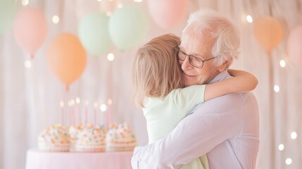 A grandmother hugging her grandchild during a birthday celebration, loving and heartfelt vibe,