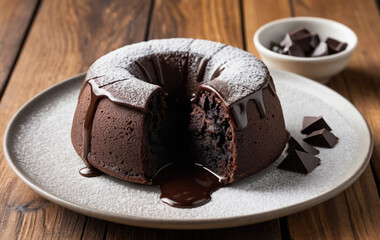 Delicious Chocolate Lava Cake on a Wooden Table - Plated Dessert with Melted Chocolate Center