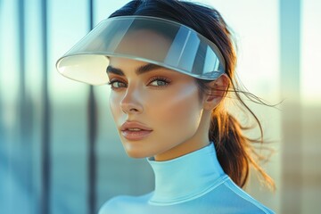 Futuristic Fashion Woman in Transparent Visor and Pastel Blue Top