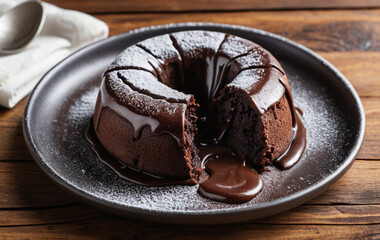 Indulgent Molten Chocolate Lava Cake Plated on a Rustic Wooden Table with Drizzled Chocolate Sauce and Cocoa Powder