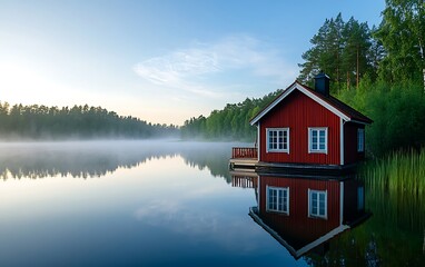 Fototapeta premium Calm Morning at a Lakeside Cabin, Reflection on Water, Peaceful Scenery