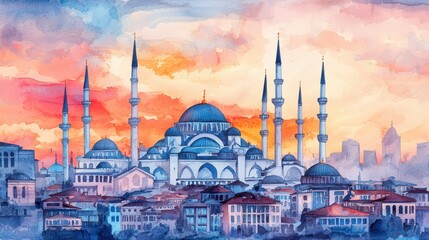 Obraz premium Colorful Watercolor Landscape of Mosque with Spires and Sunset Sky