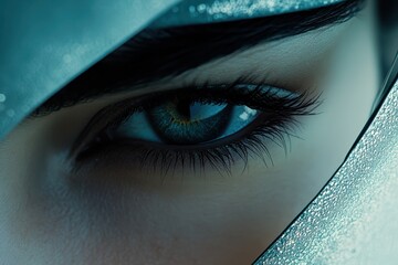 Close-up of a Woman's Striking Blue Eye with Futuristic Helmet