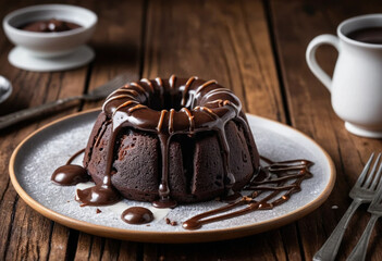 Delicious Chocolate Bundt Cake Plated on Rustic Wooden Table with Rich Chocolate Glaze and Powdered Sugar