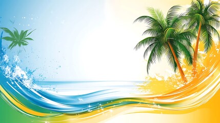 Fototapeta premium Abstract beach scene, stylized palm trees, colorful waves