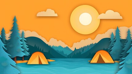 Camping scene, mountains, lake, sunset, paper cut style