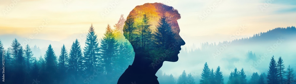Poster silhouette of a person standing in front of a dense forest during sunset with a colorful sky