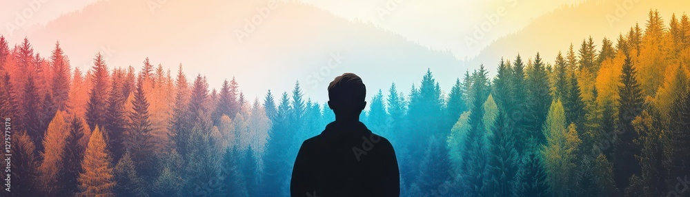 Poster a man standing in front of a dense forest with green trees and natural surroundings