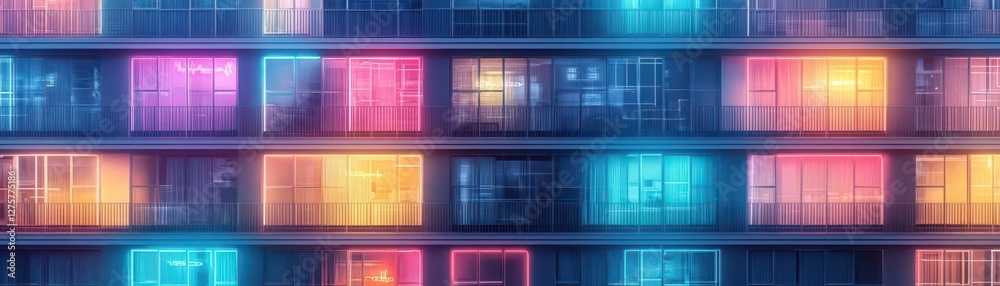 Poster Building with numerous windows and doors showcasing modern architectural design and urban environment