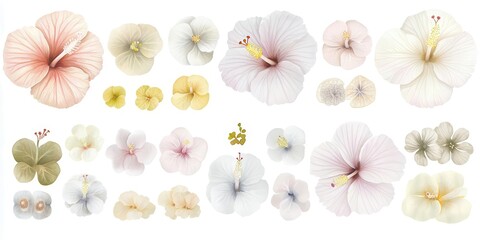 Collection of vibrant hibiscus flowers in assorted colors.