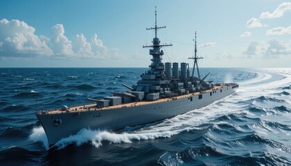 A majestic battleship sails smoothly across tranquil ocean waves, surrounded by fluffy clouds. The sun illuminates its impressive structure, showcasing naval history on display