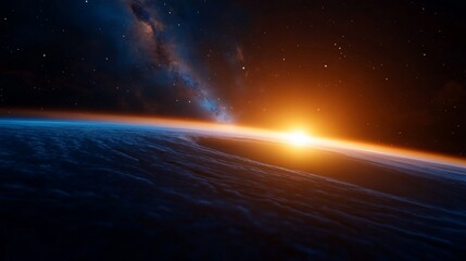 Sunrise over the Earth horizon in outer space with stars and clouds