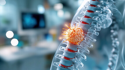 detailed 3D illustration of human spine with highlighted area showing tumor, set against blurred medical background