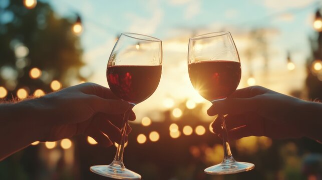 A couple clinking wine glasses at an outdoor dinner by the sunset, romantic and serene setting,