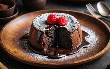 Delicious Chocolate Lava Cake with Raspberries Plated on a Wooden Table with Powdered Sugar
