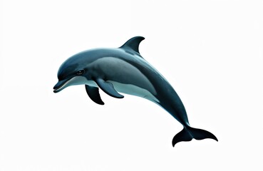 Fototapeta premium Isolated dolphin jumps. Aquatic mammal swims, plays in water. Sea animal isolated on white background. Marine creature smiles, looks happy in wildlife.