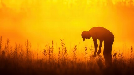 Fototapeta premium Farmer tending crops at sunrise with dramatic light and silhouette in countryside