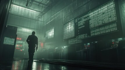 Fototapeta premium Man walking futuristic server room, data screens, cybersecurity