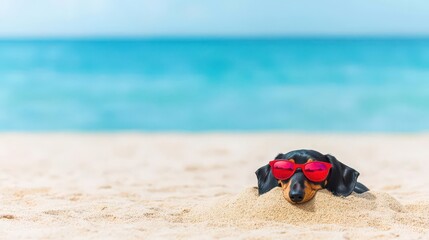 Obraz premium A black and tan dachshund buried in golden sand at a sunny beach